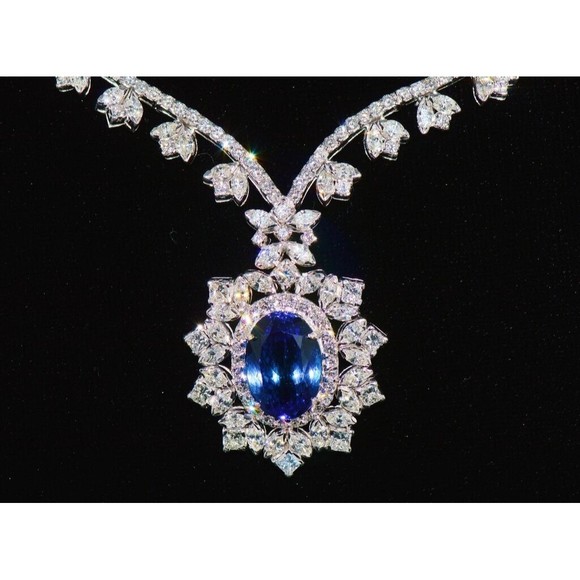 GIA Certified Natural 26.9CTS VS F Diamond Tanzanite 18K Solid Gold Necklace - Picture 5 of 12